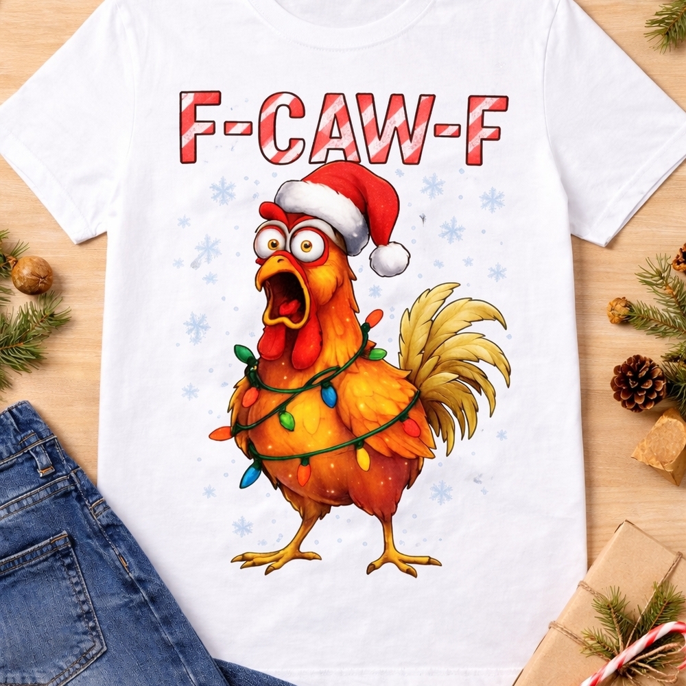 Gildan White Tee with Festive Rooster Design